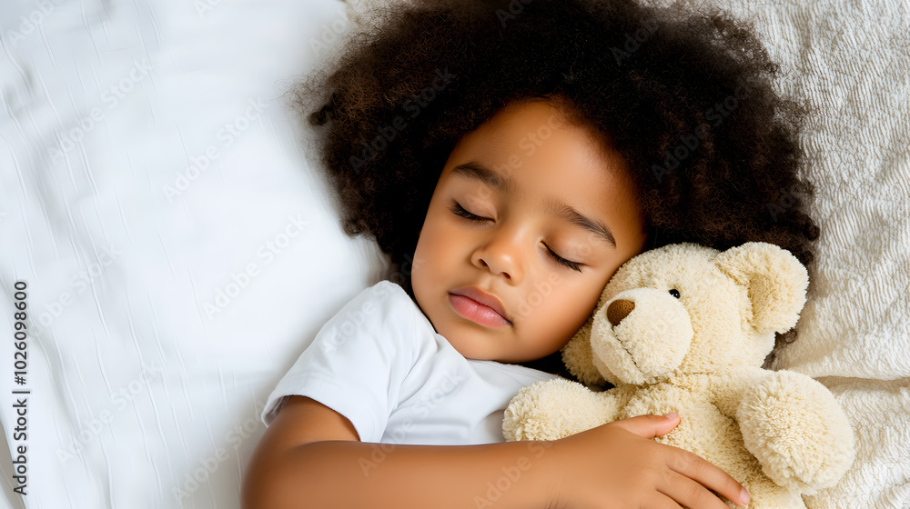 African girl child sleeps with a teddy bear in her arms in a white bed, showcasing the comfort of a beloved stuffed toy. Copy space. African girl child sleeps with a teddy bear in her arms in a white bed, showcasing the comfort of a beloved stuffed toy. Copy space.