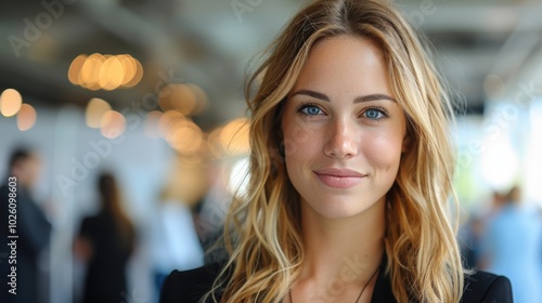 A confident young woman with bright blue eyes and flowing blonde hair, standing in a modern, blurred background setting, exuding professionalism and charisma