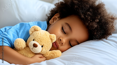 African girl child in blue shirt sleeps with a teddy bear in her arms, showcasing the comfort of a beloved stuffed toy.