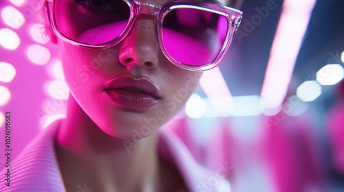 A close-up shot of a stylish woman wearing large pink sunglasses. The image conveys a sense of boldness and style, with vibrant lighting enhancing the frame.