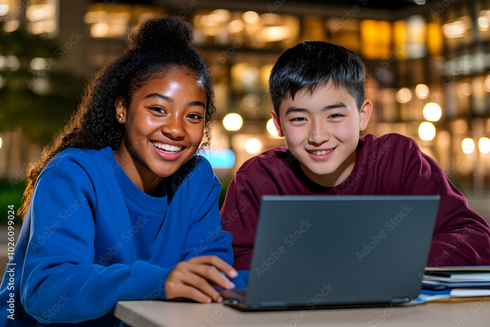African girl and Asian boy college students in blue burgundy sweatshirts collaborate on a laptop on campus, illustrating academic teamwork and diversity. African girl and Asian boy college students in blue burgundy sweatshirts collaborate on a laptop on campus, illustrating academic teamwork and diversity.