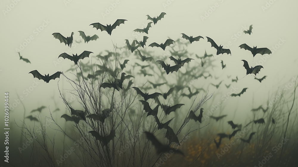 Obraz premium Flock of bats flying in a foggy forest