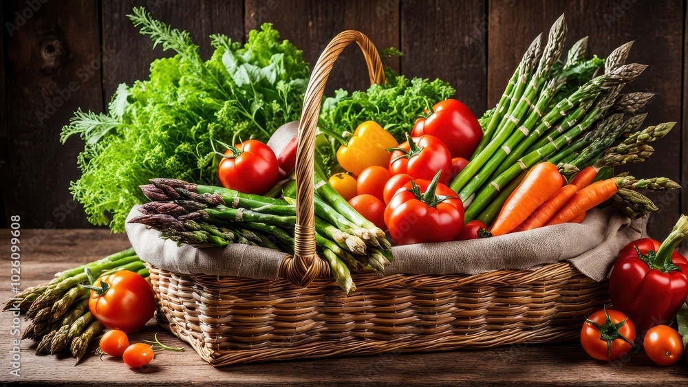 A vibrant basket filled with fresh vegetables, emphasizing healthy eating and nutrition. A vibrant basket filled with fresh vegetables, emphasizing healthy eating and nutrition.