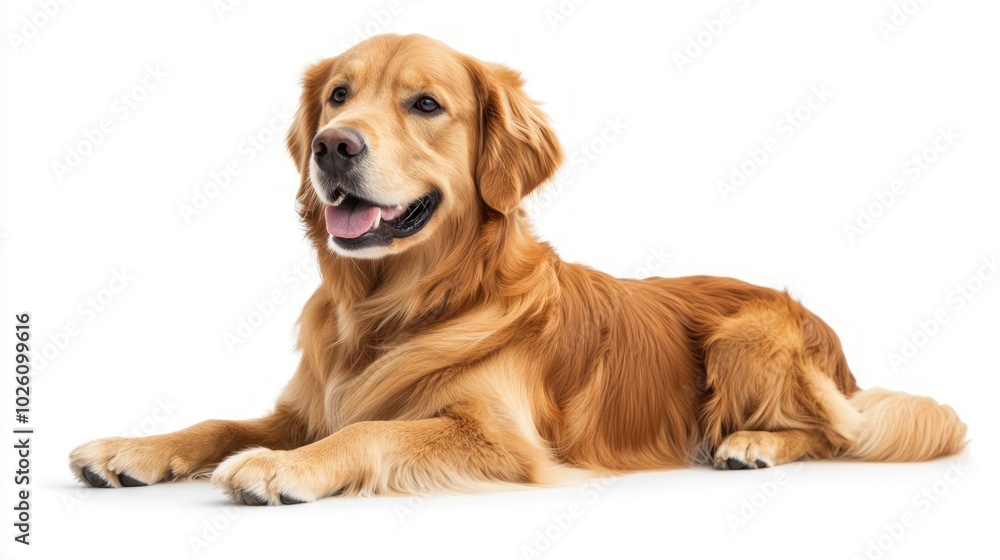 A golden retriever dog lying down on a white background with its tongue out. A golden retriever dog lying down on a white background with its tongue out.