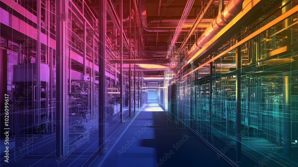 A long hallway with colorful pipes and wires. The colors are bright and vibrant, giving the impression of a futuristic or industrial setting A long hallway with colorful pipes and wires. The colors are bright and vibrant, giving the impression of a futuristic or industrial setting