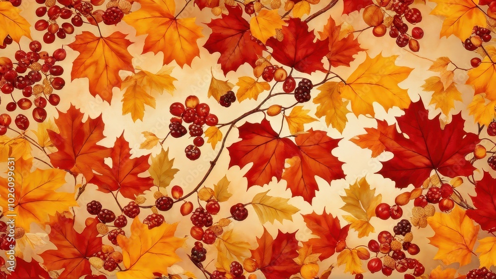 A vibrant autumn pattern featuring colorful leaves and berries. A vibrant autumn pattern featuring colorful leaves and berries.