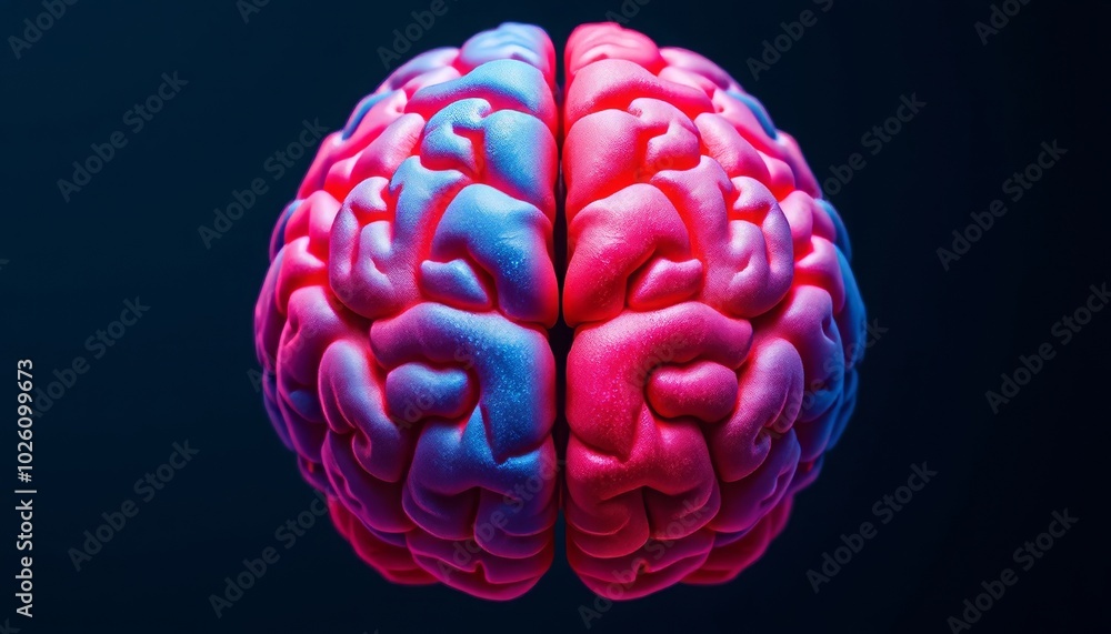 A close-up of a human brain model, illuminated in vibrant pink and blue hues, against a dark background. A close-up of a human brain model, illuminated in vibrant pink and blue hues, against a dark background.