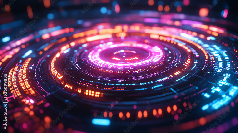 Futuristic neon data interface in circular shape, glowing in vibrant colors of pink, orange, and blue, high-tech digital artwork, cyberpunk aesthetic, dark background, advanced sci Futuristic neon data interface in circular shape, glowing in vibrant colors of pink, orange, and blue, high-tech digital artwork, cyberpunk aesthetic, dark background, advanced sci