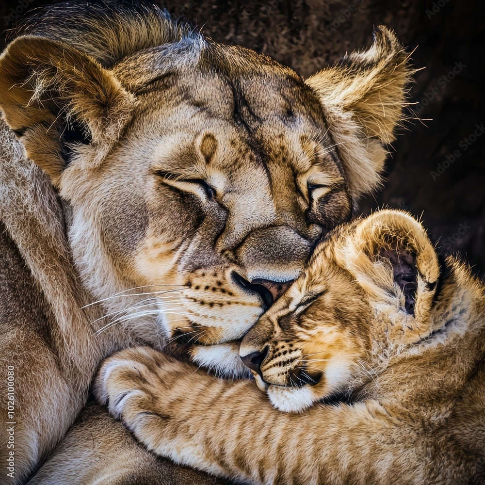 Obraz premium Lion Cub Snuggling with Its Mother in Warm Embrace