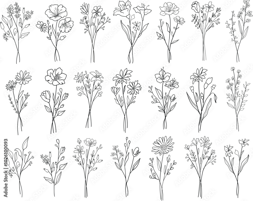 Beautiful line art flower bouquets set. Hand drawn botanical vector set. Trendy floral wildflowers, leaves set. Beautiful line art flower bouquets set. Hand drawn botanical vector set. Trendy floral wildflowers, leaves set.