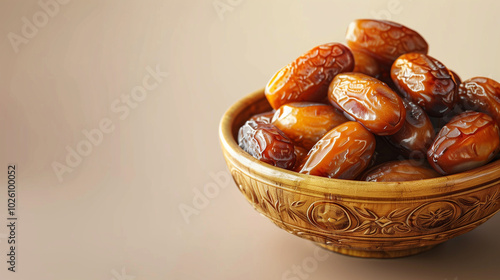 Bowl of dried dates fruit on white background with copy space photo