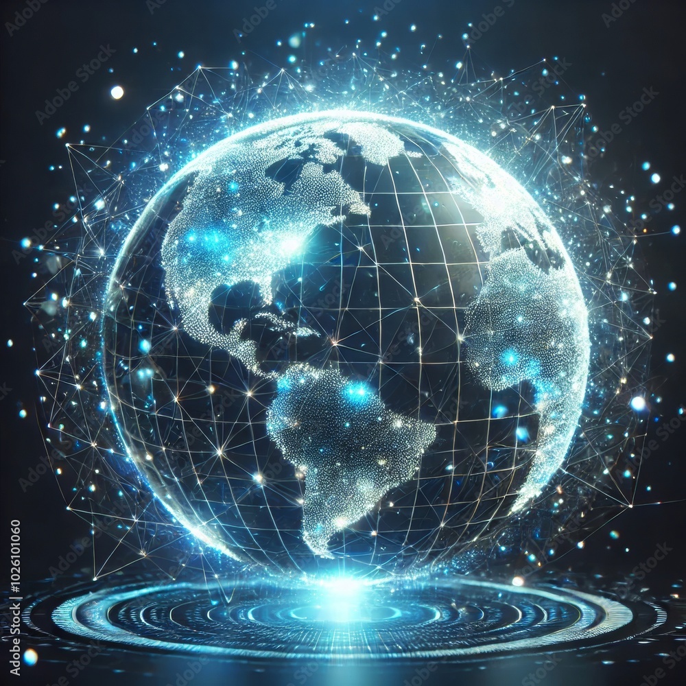 A digital globe with a grid pattern and bright blue lights represents global connectivity. A digital globe with a grid pattern and bright blue lights represents global connectivity.