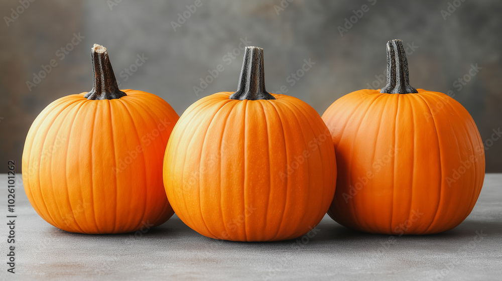 Three orange pumpkins are sitting on a table. The pumpkins are all different sizes and are arranged in a row. The image has a warm and cozy feeling, as the pumpkins are a symbol of fall and harvest Three orange pumpkins are sitting on a table. The pumpkins are all different sizes and are arranged in a row. The image has a warm and cozy feeling, as the pumpkins are a symbol of fall and harvest