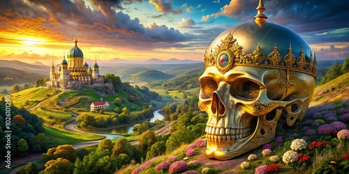 Golden Skull Fusion with Moldova's National Heraldry in a Surreal Landscape Setting