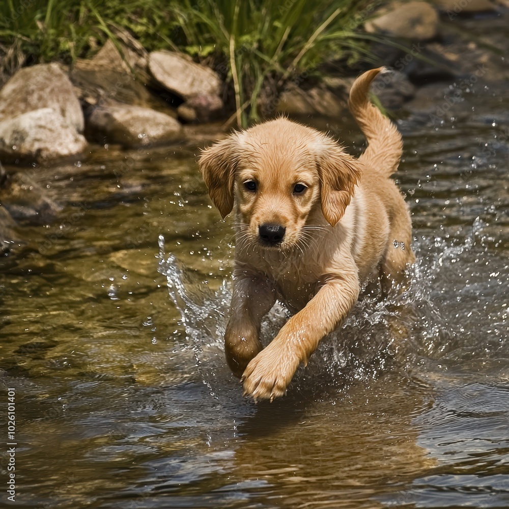 Playful Puppy Splashing in Shallow Stream Playful Puppy Splashing in Shallow Stream