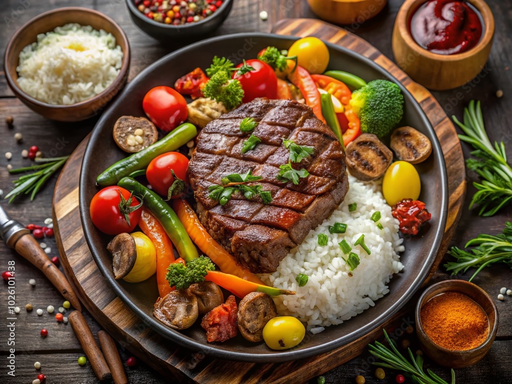 Gourmet Asian BBQ Grilled Beef Steak with Rice - Mouthwatering Medium Rare Delicacy Gourmet Asian BBQ Grilled Beef Steak with Rice - Mouthwatering Medium Rare Delicacy