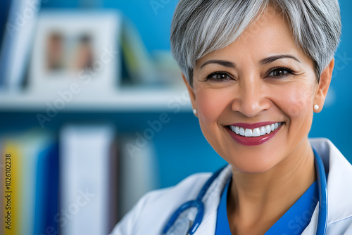 Confident senior Asian female doctor with gray short hair in a white lab coat standing in a hospital office   ready to provide medical care. Medicine  health care concept. Copy space.