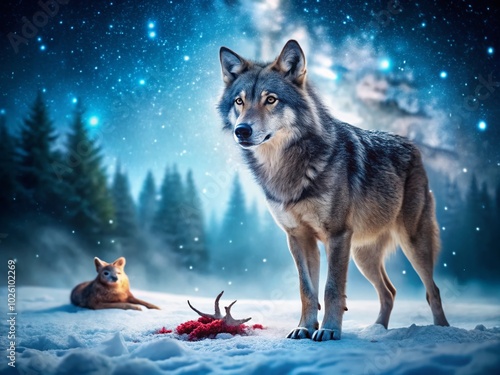 Grey Wolf Night Photography: Pack Dynamics in Winter Landscape photo