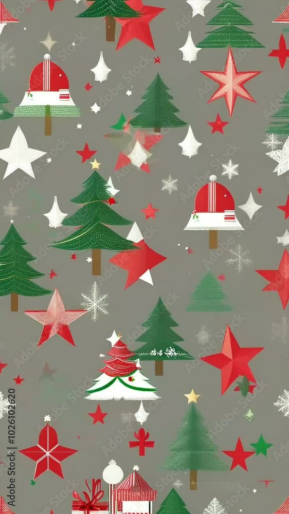 simple shapes of Christmas trees, stars, and presents in a limited color palette of white, red, and green simple shapes of Christmas trees, stars, and presents in a limited color palette of white, red, and green