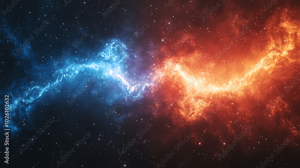 Obraz premium Nebula clouds of fire and ice swirling together, cosmic conflict in vibrant red and blue, vast universe backdrop, space elements, universal contrast.