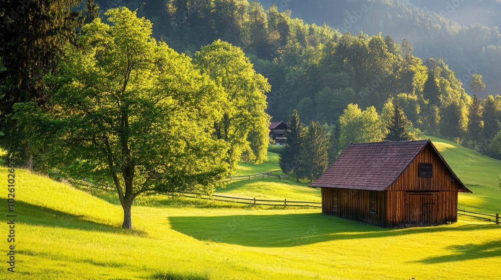 Serene Countryside with Greenery and Rustic Barn Serene Countryside with Greenery and Rustic Barn