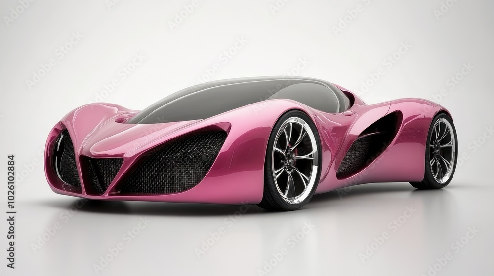 Fototapeta premium A pink futuristic sports car with sleek lines and a low profile sits on a white background.