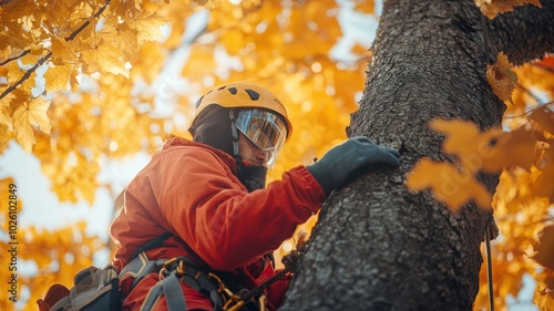 A climber ascends a tree in autumn, surrounded by vibrant orange leaves, showcasing adventure and nature's beauty. photo