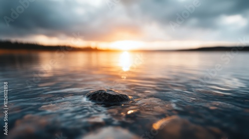 A tranquil lake scene during sunset, with gentle ripples on the water creating a warm glow that reflects the serene beauty of nature and peacefulness. photo