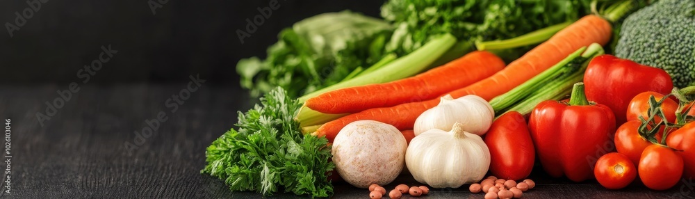 A colorful array of fresh vegetables, including carrots, garlic, and bell peppers, ideal for healthy cooking or nutrition themes. A colorful array of fresh vegetables, including carrots, garlic, and bell peppers, ideal for healthy cooking or nutrition themes.