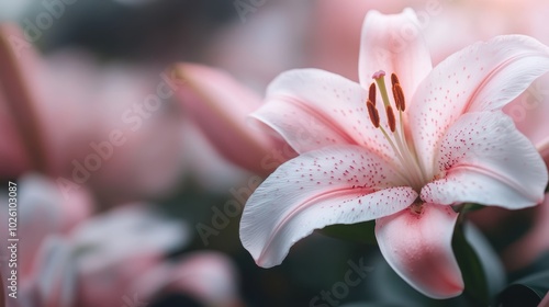 A blossoming pink lily thrives in a soft, dreamlike setting, showcasing the enchanting allure and timelessness of floral beauty in a vibrant natural environment. photo