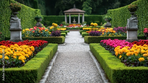 Beautiful flower garden in the summer time. Beautiful landscaped garden.