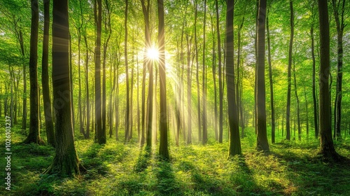 A stunning 3D image of a dense forest with towering trees, intricate foliage, and natural light breaking through.