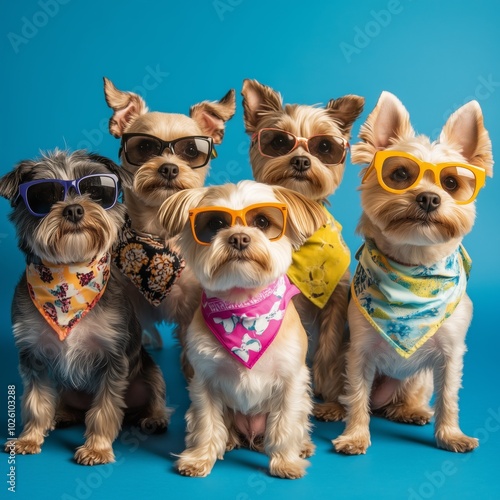 Group of Stylish Small Dogs Wearing Sunglasses and Bandanas Against a Blue Background photo