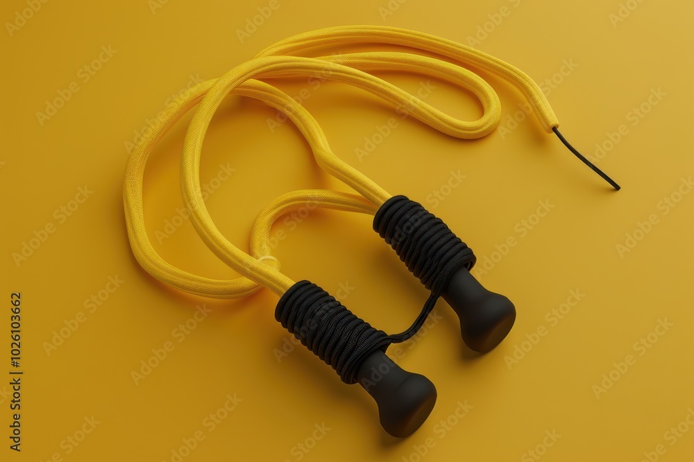 Yellow jump rope with black handles on a solid yellow background Yellow jump rope with black handles on a solid yellow background