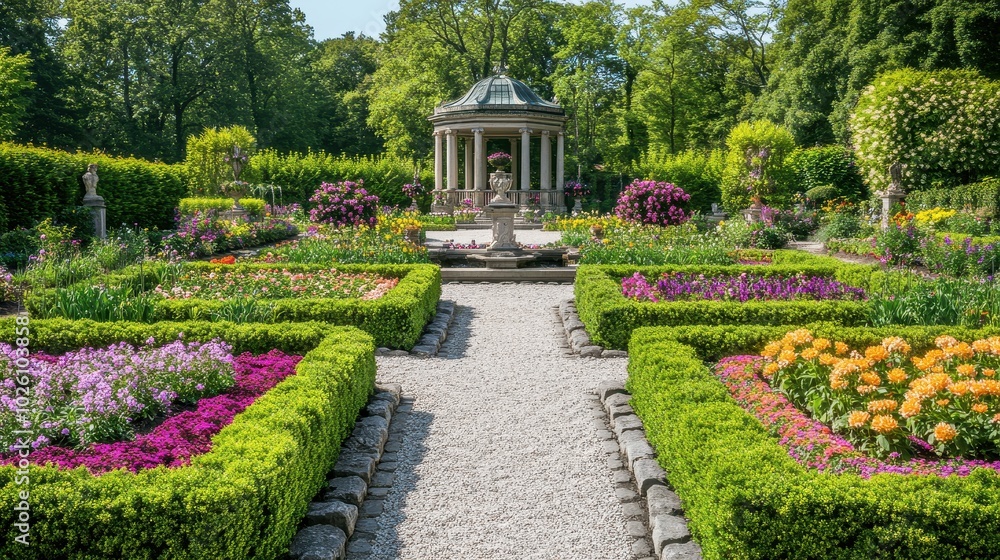 Beautiful flower garden in the summer time. Beautiful landscaped garden. Beautiful flower garden in the summer time. Beautiful landscaped garden.