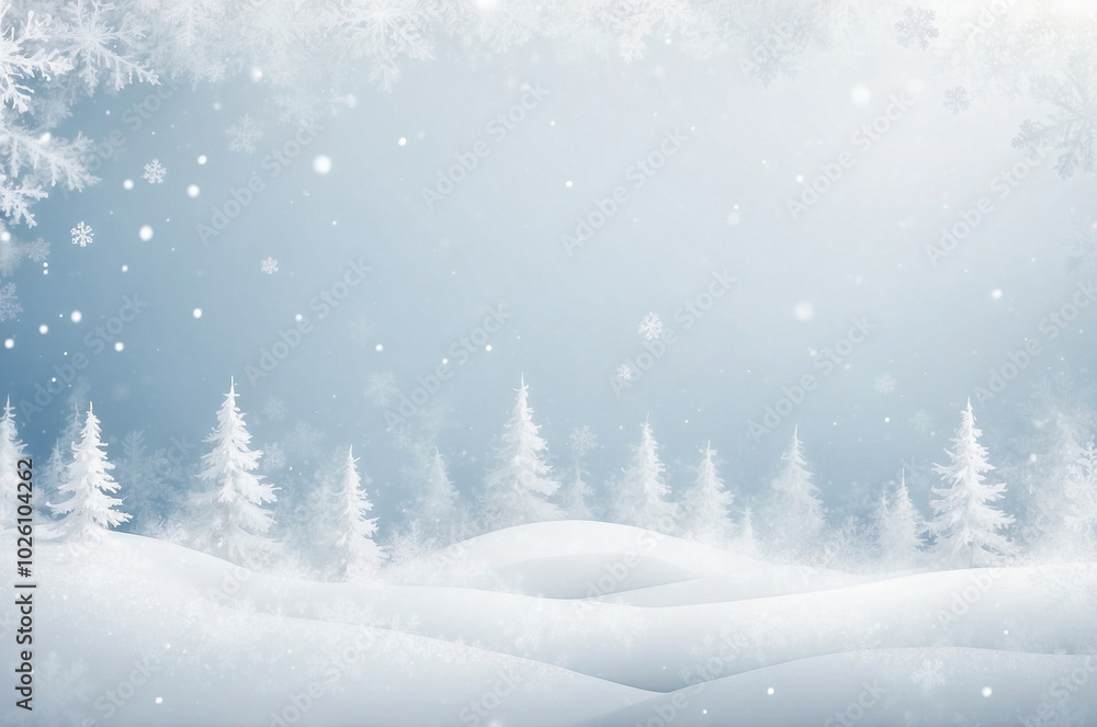 Fototapeta premium Winter landscape background. Snowing forest with fir trees on a snowy day.