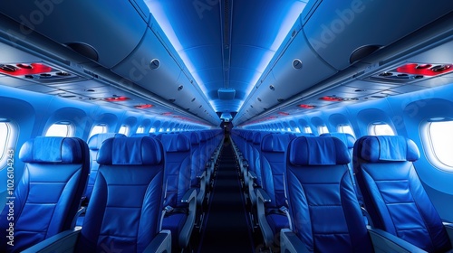 This image captures the interior of a modern airplane  highlighting its sleek design featuring rows of luxurious seats with ambient lighting for passenger comfort