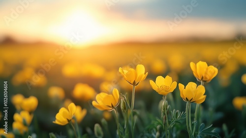 Yellow flowers gently bask in the golden glow of sunset, creating a scene of natural beauty, harmony, and warmth, perfect for symbolizing joy and nature's simplicity.