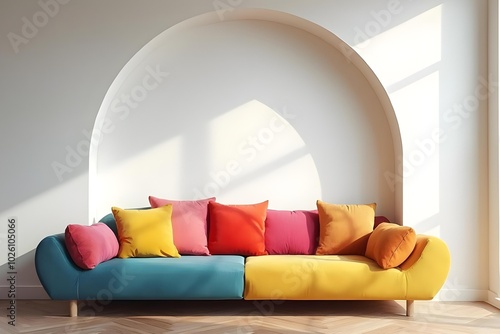 Japandi, minimalist interior design of modern living room. Colorful multicolored vibrant sofa against arched white wall