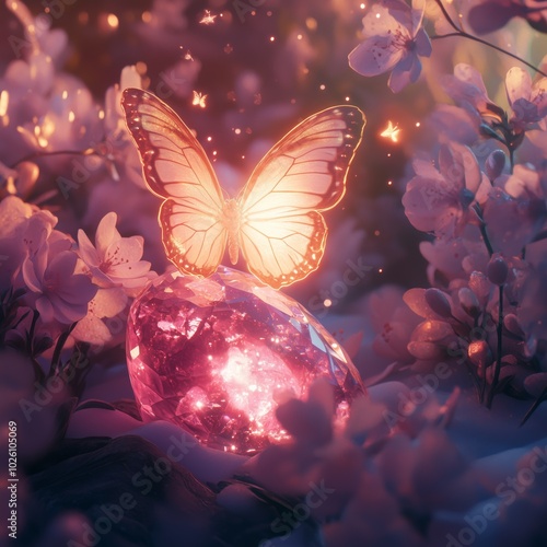 Magical Glowing Butterfly Resting on a Sparkling Gemstone in a Dreamlike Garden photo