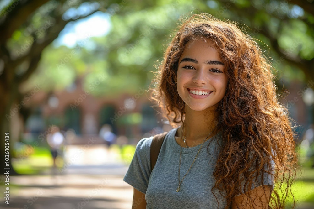 A Smiling Young Woman with Curly Brown Hair Stands Outdoors A Smiling Young Woman with Curly Brown Hair Stands Outdoors