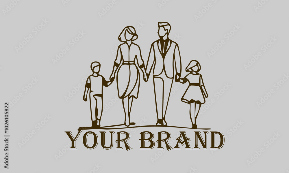 This continuous line illustration shows a family consisting of a father, mother and two small children walking happily together. The elegant minimalist art style with smooth lines creates a soft This continuous line illustration shows a family consisting of a father, mother and two small children walking happily together. The elegant minimalist art style with smooth lines creates a soft