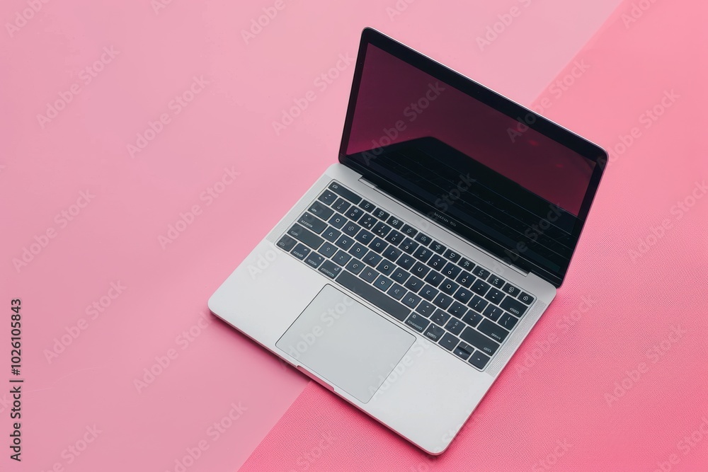 Open laptop on a pink surface showcasing a minimalist workspace environment Open laptop on a pink surface showcasing a minimalist workspace environment