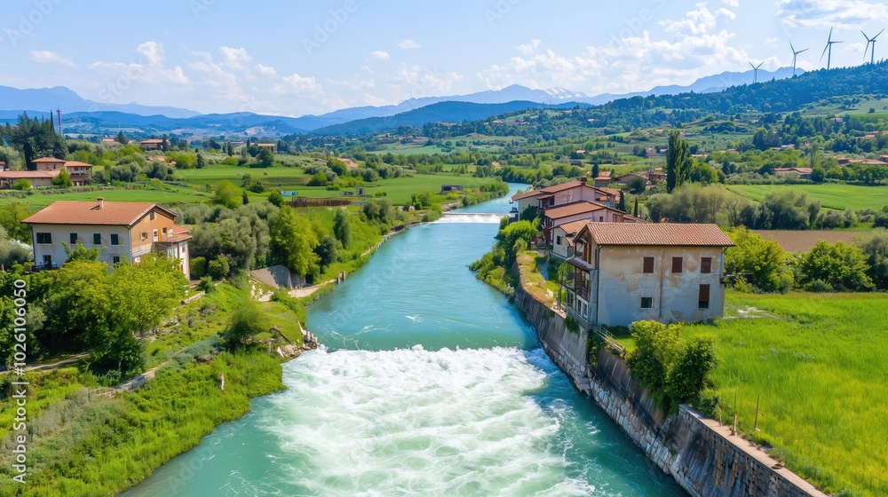Scenic Valley Water Turbines: Drone View Over Rustic Countryside Scenic Valley Water Turbines: Drone View Over Rustic Countryside