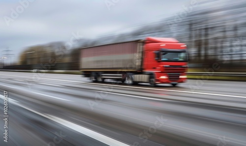 Concept of blurred trucks on expressways for freight transportation, Generative AI.