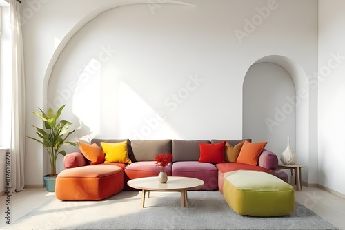 Japandi, minimalist interior design of modern living room. Colorful multicolored vibrant sofa against arched white wall