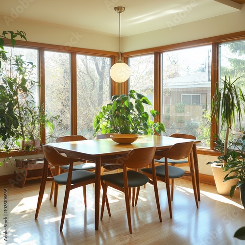  Bright Mid-Century Modern Dining Room with Natural Light and Indoor Plants 