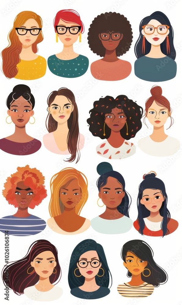 Illustration of diverse happy smiling women, women power concept Illustration of diverse happy smiling women, women power concept