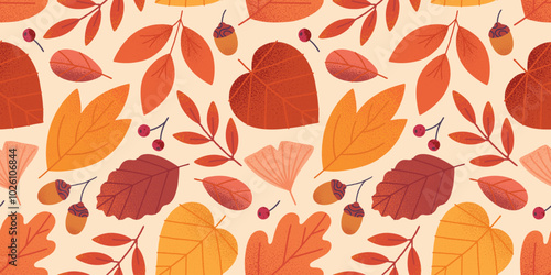 Vector autumn seamless pattern with leaves,florals and berries.Seasonal trendy wallpaper in fall colors.Autumn decoration background for prints,ad,social media marketing,branding,packaging,covers.