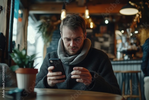 Young Man Engrossed in Phone in Cozy Caf   Setting